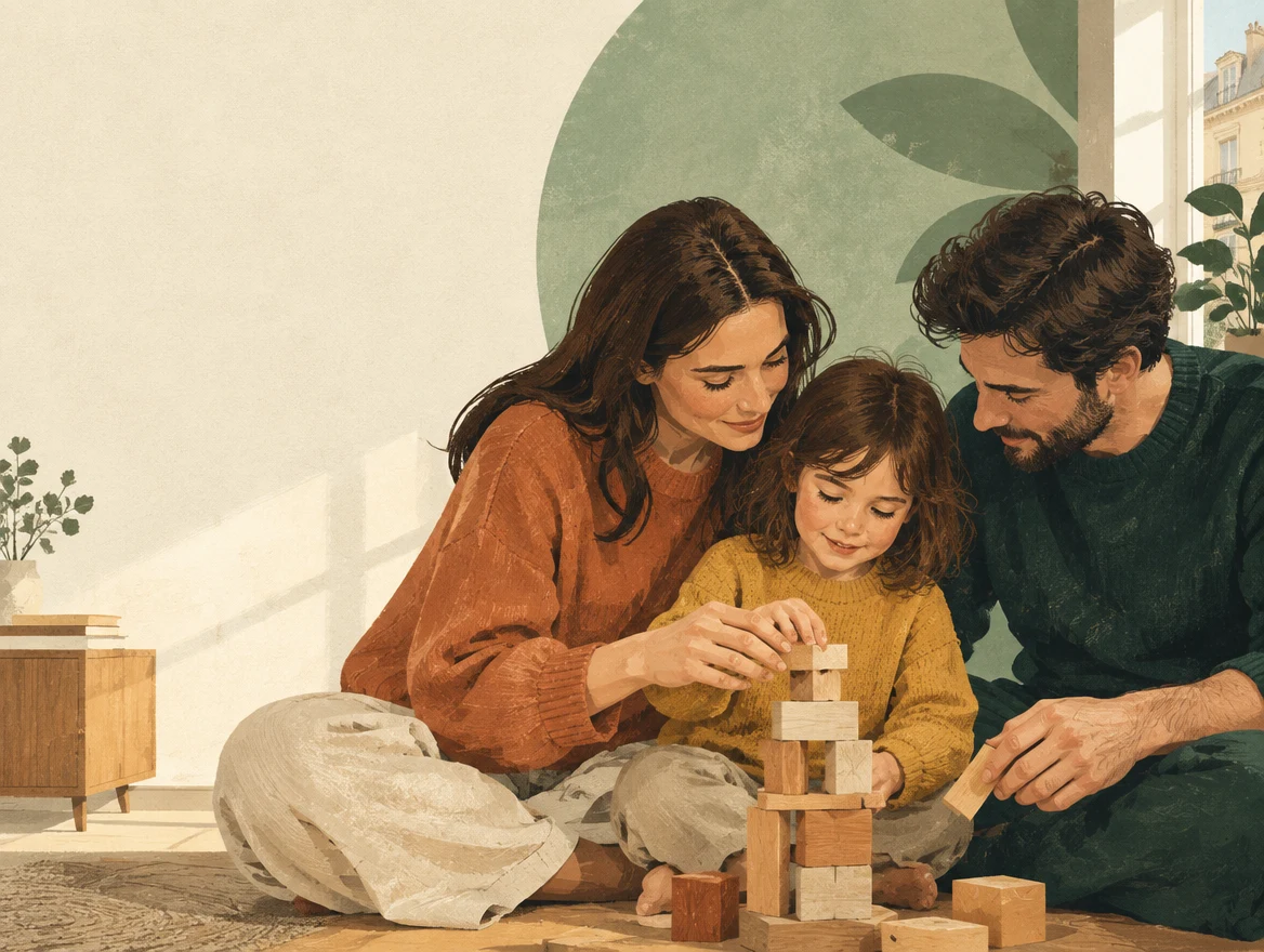 Editorial illustration of a family building a wooden tower together.